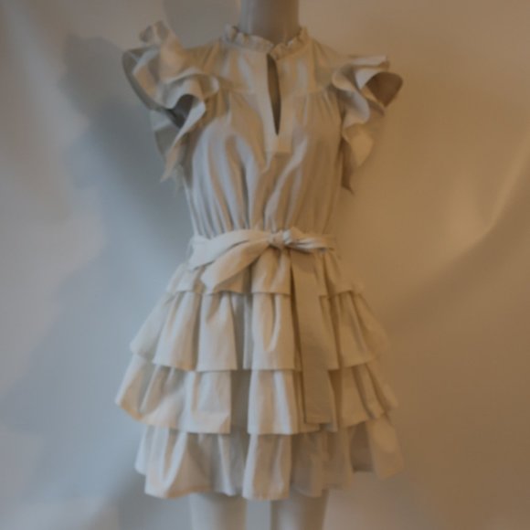 Womens Ulla Johnson Honoria White Ruffle Tiered Mini Split Neck Belted Dress 10* - Picture 10 of 16